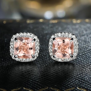 Beautiful Cushion cut Peach Morganite Stud Earrings, Vintage Halo natural Morganite Stud Jewelry Gift for Mother Her, Amazing Morganite Stud