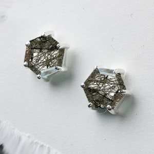 Black Rutilated Quartz Stud, Hexagon cut Natural Quartz Bridal Earrings jewelry, Minimalist Dainty Lever back Stud Earrings Gift for Mother