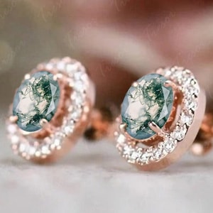 VIntage Moss Agate Stud Earrings, Oval cut Green Agate Bridal wedding Earrings, Sterling Silver Stud Anniversary engagement Gift for Mother