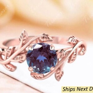 Anillo de compromiso de alejandrita en oro rosa de 14 quilates, anillos de boda nupciales de alejandrita con banda de hojas para mujer, anillos de felicidad de aniversario con piedra natal de junio