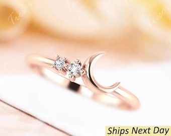 14K solid Gold Ehering, Halbmond Ring, zierliche Diamant Ring, Jubiläum Schmuck Geschenke für Frauen