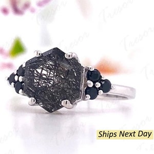 Vintage Black Rutilated Quartz engagement Ring, hexagon cut Quartz Statement Ring for women Smokey Quartz Bridal Anniversary gift for Mother