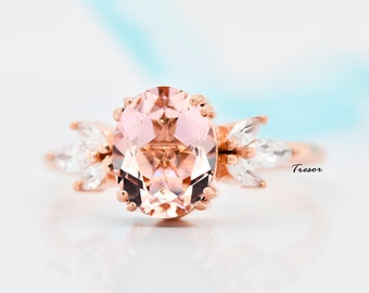 Natural Morganite Engagement Ring, 14K Solid Gold Morganite Bridal Wedding Statement Ring, Handmade Morganite Jewelry Gifts For Mother Wife