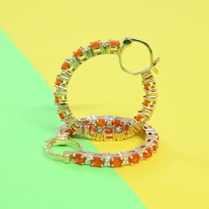 Natural Fire Opal Hoop Earrings, Unique Fire Opal Hoop Earrings, Beautiful Sterling Silver Hoop Earrings Jewelry Anniversary Gift for Mother