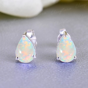 Pear Cut White Opal Stud Earrings, Amazing Rainbow Opal Bridal wedding Earrings, Handmade Anniversary Engagement Earrings Gifts for Mother