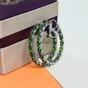 Brincos de argola de diopsídio cromado natural, brincos de diopsídio cromado com corte oval, brincos de argola de prata esterlina, joias de aniversário, presentes para mãe