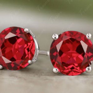 Unique Garnet Stud Earrings, Round cut Red Garnet Bridal wedding Earrings Jewelry, Sterling Silver Unique Earring engagement Gift for Mother