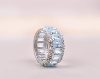 Emerald Cut Aquamarine Full Eternity Band, Aquamarine Wedding Ring, March Birthstone Stackable Blue Gemstone Band, Anniversary Ring for Her