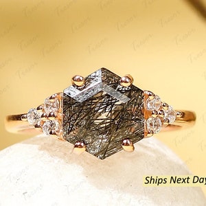 Black Rutilated Quartz Engagement Ring, Hexagon cut Tourmalinated Quartz Wedding Solitaire Ring, Personalized Promise ring Gifts For Mother