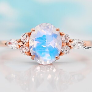 Handmade vintage Moonstone Engagement Ring, oval cut Rainbow Moonstone Bridal Wedding Statement Ring, Moonstone Anniversary Gift for mother