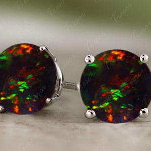 Handmade Black Opal Stud Earrings, Round Cut Black Opal Bridal Wedding Earrings, Sterling Silver Stud Anniversary Engagement Gift for Mother