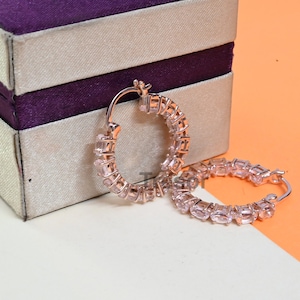 Natural Morganite Hoop Earrings, Oval cut Morganite Hoop Earrings, Sterling Silver Anniversary huggy hoop Earrings Jewelry Gift for Mother