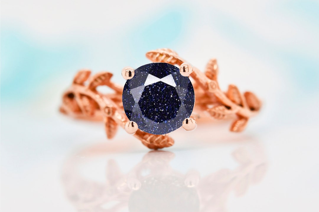 Amazing Blue Sandstone Engagement Ring, 14K Solid Gold Round Cut ...