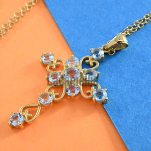 Natuurlijke aquamarijnhanger, unieke aquamarijn heilige kruishanger, handgemaakte 925 sterlingzilveren kruishanger sieraden cadeau voor moederliefde