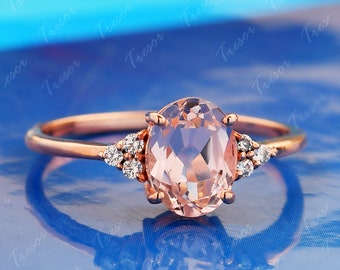 Natural Morganite Engagement Ring Rose Gold Statement Vermeil Ring Birthstone Jewelry Oval Solitaire Ring Morganite Bridal Wedding Ring gift