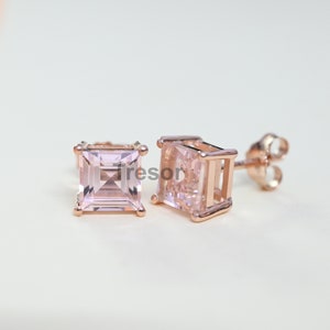 Square Cut Morganite Stud Earrings, Morganite Bridal wedding Earrings, Silver Gold Morganite Anniversary jewelry Gifts for Mother Daughter