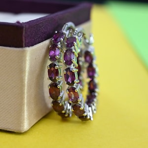 Amazing Rhodolite garnet Hoop Earrings, 925 Sterling Silver Rhodolite garnet Lever back Earrings Anniversary engagement Gift for Mother Wife