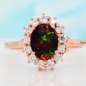 Amazing Black Opal Engagement Ring, Antique Halo Opal Bridal Wedding Statement Rings Jewelry, Handmade Anniversary Gifts for mother Wife