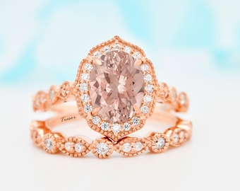 Natural Morganite Engagement Ring set, 14K solid Gold Morganite Bridal Wedding Promise Ring, Handmade Morganite Jewelry gift for mother Wife