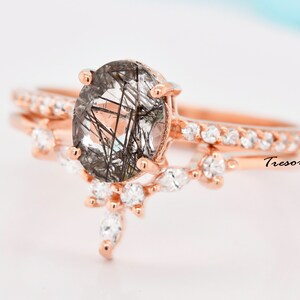 Unique Black Rutilated Quartz Engagement Ring, 14K Rose Gold Quartz Bridal Wedding Promise Ring, Minimalist Anniversary Gift for Mother Wife