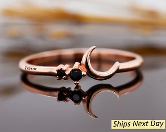 Black Diamond Moon Engagement Ring, 14K Solid Gold Crescent Half Moon Bridal Wedding Proposal Ring, Handmade Dainty Ring gift for mother her