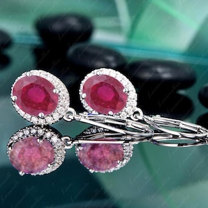 Belles boucles d'oreilles pendantes en rubis de forme ovale, boucles d'oreilles en rubis à levier, boucles d'oreilles en argent sterling 925, cadeau d'anniversaire pour l'amour d'une mère et d'une femme