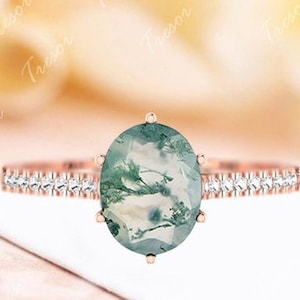 Moss Agate Engagement ring, 14K Rose Gold Oval Cut Agate Bridal Wedding Statement Rings for women, Unique Personalized Jewelry For Mother