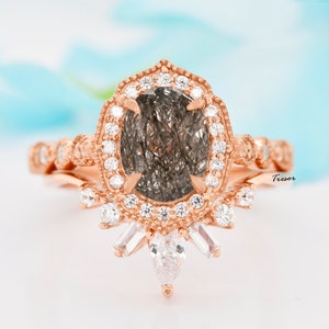 Unique Black Rutilated Quartz Ring set, 14K Rose Gold Quartz engagement Rings for women, Bridal Wedding Floral Ring gifts For Mother Love