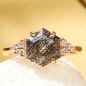 Minimal Black Rutilated Quartz Engagement Ring, Hexagon cut Tourmalinated Quartz Geometric Wedding Rings, Personalized Gifts For Mother Love