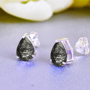 Black Rutilated Quartz Stud Earrings, Pear cut Natural Quartz Bridal Earrings jewelry, Dainty Lever back Stud Earrings Gift for Mother Wife