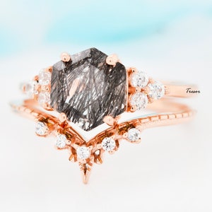 Hexagon Black Quartz Engagement Ring set Rose Gold Black Rutilated Quartz Ring Solitaire Black Diamond Wedding Rings For women Mother Gift