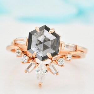 Einzigartiges Hexagon Cut Salz und Pfeffer Diamant Verlobungsring Set, Vintage Minimal Schwarz Grau Diamant Ring Schmuck Geschenk für Mutter, Frauen Liebe