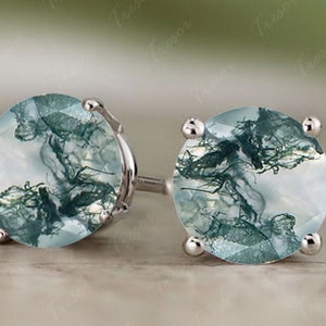 unique Moss Agate Stud Earrings, Round cut Green Agate Bridal wedding Earrings, Sterling Silver Stud Anniversary engagement Gift for Mother