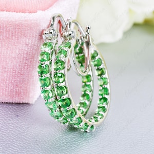 Natural Tsavorite garnet Hoop Earrings, Amazing Tsavorite garnet Earrings, Sterling Silver Hoop Earrings Anniversary jewelry Gift for Mother