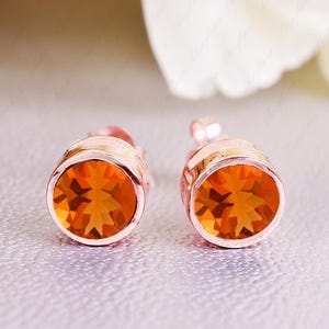 Unique Fire Opal Stud Earrings, Round cut Orange Opal Bridal wedding Earrings Sterling Silver Stud Anniversary engagement Jewelry for Mother