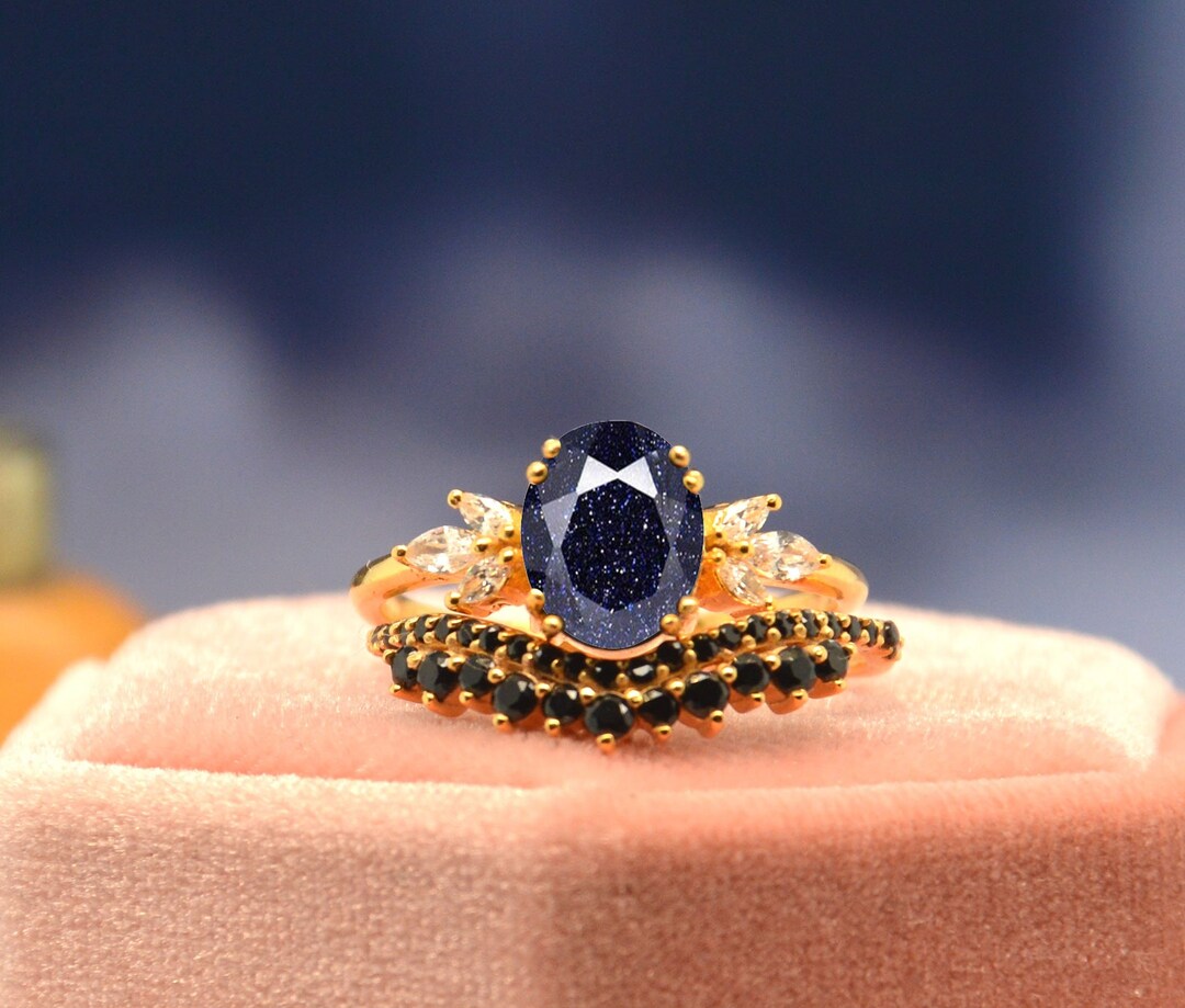 Beautiful Blue Sandstone Engagement Ring Set, Oval Cut Sandstone Bridal ...