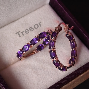 Vintage Amethyst Hoop Ohrringe, Oval geschnittene Amethyst Ohrringe, Sterling Silber Ohrstecker Jahrestag Verlobungsgeschenk für Mutter Amethyst Lever zurück