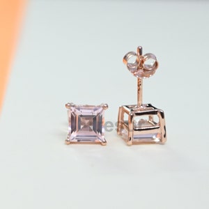 Premium Square Cut Morganite Stud Earrings, Morganite Bridal wedding Earrings, Silver Gold Morganite Anniversary jewelry Gifts for Mother