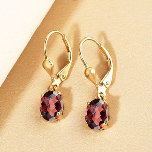Natural Garnet Dangle Drop Earrings, Handmade Oval cut Garnet Hoop Earrings, Sterling Silver Stud Anniversary Engagement Gift for Mother Her