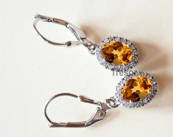 Unique Citrine Lever Back Earrings, Oval cut Citrine Earrings, 925 Sterling Silver Stud, Anniversary engagement Earrings Gift for Mother