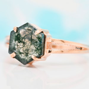 Beautiful Hexagon Cut Moss Agate Engagement Ring, 14K Rose Gold Leaf Design Nature Inspired Ring, Unique Wedding or Promise Ring for Her