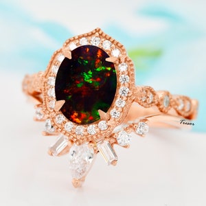 Vintage Black Opal Statement Ring set, 14k Solid Gold Oval cut Opal Engagement Solitaire Ring Set, Minimal Anniversary Gift for mother Wife