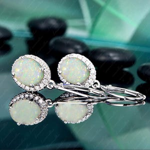 Rainbow Opal Dangle Drop Lever Back Earrings, Oval Cut white Opal Earrings,925 Sterling Silver Earrings Anniversary Gift for Mother Love