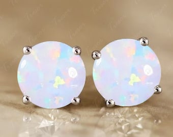 Vintage White Opal Stud Earrings, Round cut Rainbow Opal Bridal wedding Earrings, Handmade Anniversary engagement Earrings Gifts for Mother