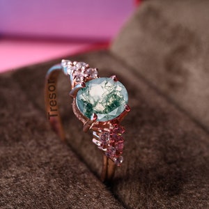 Unique Moss Agate Engagement Ring, Vintage Oval cut Green Agate rings for women, Minimal Bridal Wedding Ring Gifts For Mother Love Art Deco