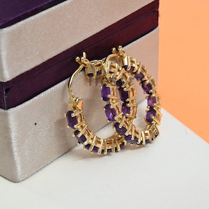 Mesmerizing Amethyst Hoop Earrings, Oval cut Amethyst Hoop Earrings, Sterling Silver Anniversary huggy hoop Earrings Jewelry Gift for Mother