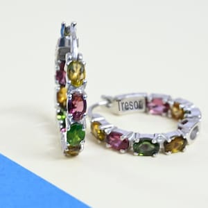 Mesmerizing Multi Tourmaline Hoop Earrings, Sterling Silver Multi Tourmaline Hoop Earrings, Anniversary engagement Earrings Gift for Mother