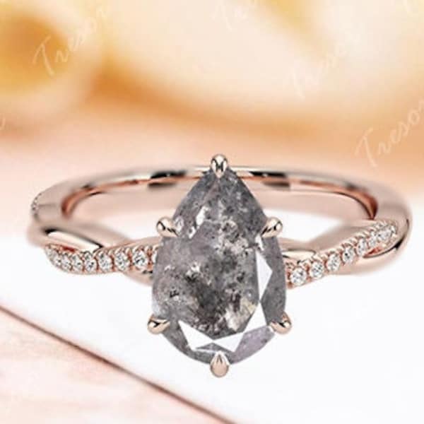 Minimaler Salz und Pfeffer Diamant Verlobungsring, Twisted Band Birnenform Schwarz Grau Diamant Ringe für Frauen, Schwarzer Diamant Ring Geschenk für Mama