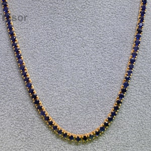 Natural Blue Sapphire Tennis Necklace, Handmade Round cut Sapphire Chain Link Necklace, Sapphire Anniversary Engagement Gift For Mother Wife