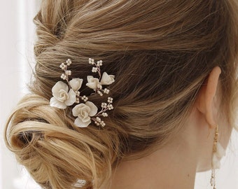 Porcelain Flower Hair Pins: Bridal Boho Hair Piece
